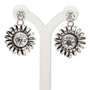 Edgy Modern Art Deco Style Dimensional Antique Silver Clear Crystal Earrings